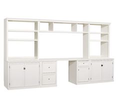 a white bookcase with two doors and drawers