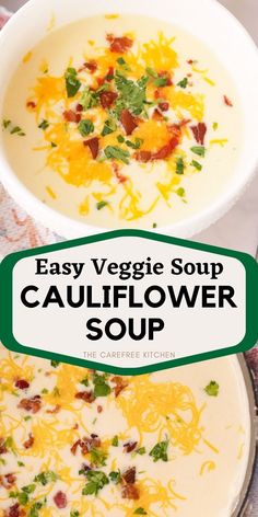 two bowls of cauliflower soup with text overlay