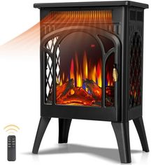 an electric fireplace heater with the remote control on it's side and flames coming out