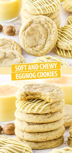 soft and chewy eggnog cookies are stacked on top of each other with the words, soft and chewy eggnog cookies