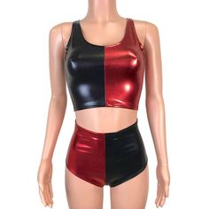 Full Harley Quinn costume that includes a spandex metallic crop top and high waist hot pants. Wear this costume to a rave, music festival, roller derby, or costume party. Black Crop Top For Cosplay, Fitted Black Crop Top For Cosplay, Halloween Cosplay Fitted Crop Top, Fitted Crop Top For Halloween Cosplay, Stretch Crop Top For Club On Halloween, Hot Pants Outfit, Metallic Crop Top, Jennifer Aniston Hot, Rave Music