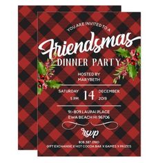 a red and black plaid christmas dinner party card