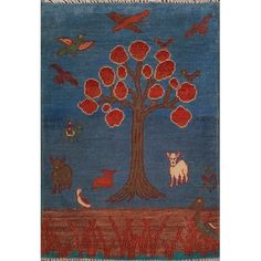 an image of a tree with animals and birds on the ground in front of it