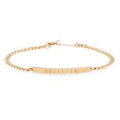 Zoë Chicco 14k Gold Personalized Date ID Small Curb Chain Bracelet with 2 Diamonds Gold Sterling Silver Bracelet With Curb Chain, Gold Curb Chain Bracelet In Sterling Silver, Personalized White Gold Bracelet, Gold-toned Sterling Silver Curb Chain Bracelet, Classic Personalized Bracelet, Dainty 14k Gold Engraved Bracelet, Adjustable Curb Chain Jewelry For Formal Occasions, Formal Adjustable Curb Chain Jewelry, Personalized Adjustable White Gold Bracelet