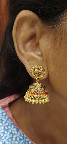 22 karat gold "lakshmi" jhumkas (buttalu) - gold dangle earrings with color stones (temple jewellery) - 235-GJH2477 - in 17.650 Grams for USD $1,990.75 USD. 
Made in India by Totaram Jewelers Online this product is in Gold - 22 Karat BIS Hallmark 916 Gold  & is an excellent gift for Adult - Women. Ships fully insured with secured guaranteed delivery for free with your order over $250 from New Jersey USA & comes with 30 days exchange policy. 22k Gold Jhumkas With Latkans For Wedding, Wedding 22k Gold Jhumkas With Latkans, 22k Gold Chandbali Danglers With Latkans, 22k Gold Jhumkas With Latkans For Navratri, 22k Gold Temple Jewelry Bridal Earrings With Latkans, 22k Gold Chandbali Jhumkas With Cutdana, 22k Gold Chandbali Jhumkas With Tilla, Festive 22k Gold Jhumkas With Latkans, 22k Gold Chandbali Jhumkas For Diwali