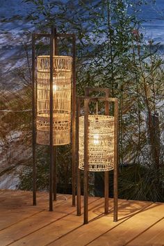 two lamps sitting on top of a wooden floor next to plants and water in the background