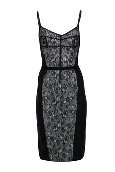 Current Boutique-Dolce & Gabbana - Black & Beige Lace Middle Sleeveless Fitted Dress Sz 10 Fitted Lace Dress With Lined Bodice, Formal Spaghetti Strap Dress With Contrast Lace, Elegant Lace Dress With Sweetheart Neckline For Date Night, Elegant Lace Dress With Spaghetti Straps For Date Night, Sleeveless Lace Dress With Fitted Bodice For Evening, Evening Sleeveless Lace Dress With Fitted Bodice, Sleeveless Lace Dress With Fitted Bodice For Cocktail, Elegant Spaghetti Strap Lace Dress For Date Night, Fitted Midi Dress With Lace Trim And Sweetheart Neckline