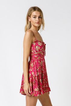 Berry Pink Floral Print Dress - Mini Dress - Floral Sundress | Boho Pink Flirty Strapless Dress With Tie Straps, Vacation Mini Dress With Ruffled Straps, Sweetheart Neckline Sundress With Tie Back For Day Out, Flowy Dress With Ruffled Straps And Lining, Sundress Mini Dress With Ruffled Straps, Vacation Mini Dress With Tie Back And Ruffled Straps, Strapless Sundress With Ruffle Hem, Sweetheart Neckline Sundress With Tie Back, Summer Sundress With Sweetheart Neckline And Ruffles