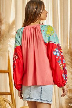 Color block tunic top. This top features embroidery all over, split neckline and balloon sleeves. Savanna Jane 100% RAYON Diy Primer, Denim Bracelet, Lotion Candles, Embroidered Tunic Top, Wall Decor Stickers, Stencil Diy, Embroidered Tunic, Journal Gift, Plus Size Jeans