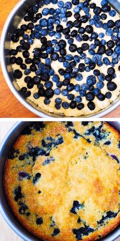 two pictures of blueberry cake in pans one has been baked and the other is ready to be eaten