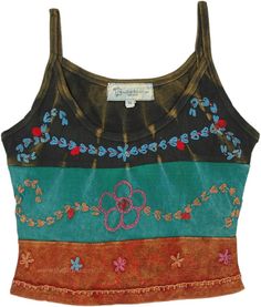 A short cropped tank top in stonewashed ribbed cotton with shades of green and orange and some artistic floral hand embroidery on each patch. The cropped tank is an artistic and harmonious piece of clothing with an outstanding overall look. #tlb #Sleeveless #Stonewash #Embroidered #vacationclothing #bohemianfashion #Handmade #JuniorPetite #bohotanktop #summerhippietanktop #ribbedcottontanktop Bohemian Sleeveless Crop Top With Floral Embroidery, Spring Sleeveless Patchwork Crop Top, Bohemian Sleeveless Floral Embroidered Crop Top, Bohemian Floral Embroidery Crop Top For Festival, Bohemian Floral Embroidered Crop Top For Festival, Bohemian Cotton Embroidered Tank Top, Bohemian Embroidered Cotton Tank Top, Multicolor Cotton Patchwork Tank Top, Fitted Cotton Tank Top With Floral Embroidery