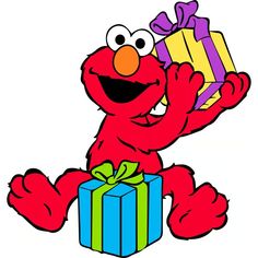 the sesame character is holding a gift box