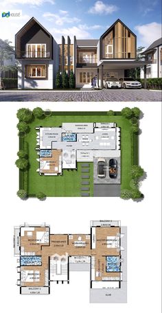 two story house plan with three floors and lots of windows