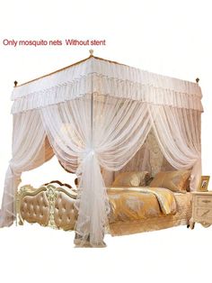 a white canopy bed sitting next to a dresser with drawers on it's sides