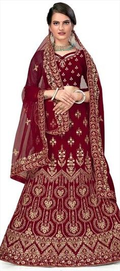 Red and Maroon color Lehenga in Velvet fabric with Embroidered, Stone, Thread, Zari work Bollywood Lehenga For Marriage During Diwali, Embroidered Festive Marriage Sets, Bollywood Lehenga For Diwali Marriage, Festival Lehenga With Pallu For Marriage, Festive Anarkali Lehenga For Marriage, Lehenga With Pallu For Marriage And Festivals, Anarkali Lehenga For Marriage And Festive Occasions, Traditional Drape Lehenga For Marriage And Festivals, Festival Marriage Lehenga With Pallu