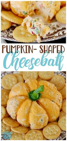 pumpkin shaped cheese ball on a plate with crackers