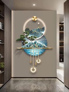 a wall clock with an image of mountains and trees on it's face in the hallway