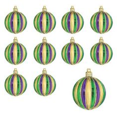 twelve green and purple striped glass ornaments