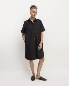 About This Style. This piece features a relaxed fit, point collar, short sleeves, A-line silhouette, and knee length in organic cotton. Relaxed Fit Knee-length Shirt Dress With Placket, Relaxed Fit Knee-length Shirt Dress, Relaxed Fit Short Sleeve Work Dresses, Casual Shirt Dress With Relaxed Fit And Collared Neckline, Relaxed Fit Shirt Dress With Rolled Sleeves For Work, Cotton Collared Shirt Dress, Classic Shirt Dress With Rolled Sleeves For Daywear, Cotton Short Sleeve Shirt Dress With Pockets, Knee-length Cotton Shirt Dress With Placket