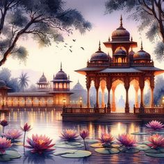 a painting of a palace with lotuses in the foreground