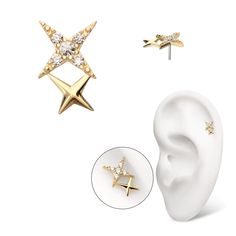 CUSTOM ORDER 14K Gold Gemmed Double Star Threadless End Ear Piercings Conch, 2024 Accessories, Jewelry Wishlist, Buddha Jewelry, Ear Chain, End It, Tunnels And Plugs, Finger Rings, Gold Branding