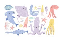 an assortment of sea animals on a white background