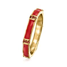 Ross-Simons - .10ct t. w. Garnet, Red Enamel Ring in 18kt Gold Over Sterling. Size 5. An RS exclusive. A touch of vibrant color will have noticeable impact on your whole outfit! This stack-ready ring features a band of red enamel stationed with .10 ct. t. w. round garnet trios. Crafted in 18kt yellow gold over sterling silver. 1/8" wide. Garnet and red enamel ring. Garnet birthstones are the perfect gift for January birthdays. Garnet Birthstone, January Birthday, Garnet Red, Enamel Ring, Garnet, Fine Jewelry, Vibrant Colors, Size 7, Yellow Gold