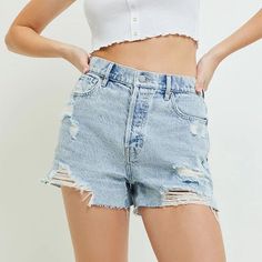 Distressed Denim Mom Shorts, Brand New From Pacsun Button Up Fly Cutoff Raw Hem Cut, Medium Wash Denim With Slight Stone Washed Vibe Vintage Wide Leg Fit Is So Flattering Fits Slightly Large (See Measurements), Good For A 25-26 Item Measurements -Inseam: 2” -Rise: 11.5” -Waist: 13” Across Model Measurements Height: 5’0’’ / Waist: 26 In. / Hips: 35 In. / Bust: 32 In. / Shoulders: 14 In. / Inseam: 24 In. #Trendy #Distressed #Pacsun #Highrise #Denimshorts Everyday Ripped Washed Blue Bottoms, Summer Cotton Cutoff Jeans, Ripped Medium Wash Cotton Bottoms, Casual Ripped Bottoms For Summer, Everyday Summer Jeans With Frayed Hem, Summer Jeans With Frayed Hem For Everyday, Summer Everyday Jeans With Frayed Hem, Summer High Waist Cotton Jeans, Ripped Light Wash Cotton Bottoms