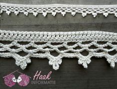 two crocheted lace trims on a wooden surface, one is white and the other is beige