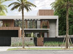 an artist's rendering of a modern house with palm trees in the foreground