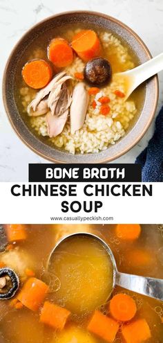 bone broth chicken soup in a bowl with carrots and rice