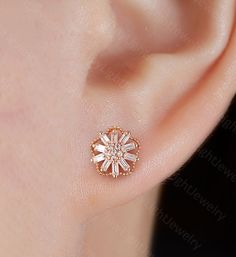 💜Earring 💜 ★ Stone Stone: CZ Shape: Baguette cut & Round cut Carat: approx 1.06 ct ★ Earring Total Weight: about 1.2 g Head Height: about 2.6 mm Elegant Rose Gold Cubic Zirconia Flower Earrings, Rose Gold Cubic Zirconia Flower Earrings For Formal Occasions, Formal Rose Gold Cubic Zirconia Flower Earrings, Delicate Rose Gold Diamond Cut Earrings, Rose Gold Flower-shaped Cubic Zirconia Earrings, Rose Gold Round Flower Earrings For Anniversary, Dainty Rose Gold Round Diamond Earrings, Rose Gold Baguette Diamond Earrings For Anniversary, Rose Gold Baguette Diamond Anniversary Earrings