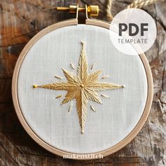 an embroidered star ornament with gold thread on a wooden background and text overlay that reads, free template