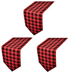 four red and black checkered tablecloths are arranged in the shape of a rectangle