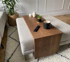 a coffee table with a remote control on it next to a couch and potted plant