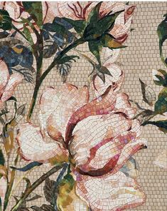 a mosaic tile wall with flowers and leaves on the bottom half, in shades of pink