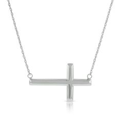 Elegant white gold cross, approximately one inch in size, set sideways on a delicate chain. White Gold Polished Cross Necklace, Polished Cross Necklace For Formal Occasions, Formal Polished Cross Pendant Necklace, Formal Polished Cross Necklace, Sterling Silver White Gold Cross Necklace With Adjustable Chain, White Gold Cross Necklace With Adjustable Chain, White Gold Sterling Silver Cross Necklace With Adjustable Chain, Classic Polished Crucifix Cross Necklace, Classic Sterling Silver Cross Necklace For Formal Occasions