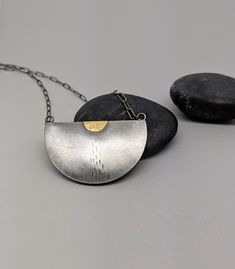 "Simple, rustic large half moon necklace.  One half circle of 22k sheet fused onto sterling silver. Subtle hammer texture. Sterling is hand textured and oxidized to bring out contrast. Slight domed shape for depth. Pendant measures 1.5\" wide x 0.85\" tall. Lightweight oval sterling cable chain measures 20\" long and has lobster clasp closure." Halloween Jewellery, Ghost Necklace, Ghost Cute, Chrysoprase Necklace, Half Moon Necklace, Drinks Coffee, Large Pendant Necklace, Halloween Necklace, 18k Gold Necklace