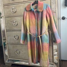 Excellent Condition.Light Weight; Lined ;2 Pockets; 1 Bottom; Belt;Approximately Pit To Pit-17.5”; Length 40” Multicolor Wool Outerwear For Spring, Chic Multicolor Fall Outerwear, Pastel Long Sleeve Outerwear For Fall, Casual Multicolor Wool Outerwear, Fitted Multicolor Wool Outerwear, Multicolor Knit Sweater Coat, Multicolor Acrylic Hand Knitted Outerwear, Retro Multicolor Knit Outerwear, Multicolor Vintage Wool Outerwear