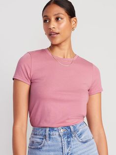 Slim-Fit T-Shirt for Women | Old Navy Casual Ribbed Cropped Cotton T-shirt, Basic Scoop Neck T-shirt With Ribbed Neckline, Casual Stretch Crew Neck T-shirt, Casual Ribbed T-shirt For Spring, Trendy Ribbed Short Sleeve Top For Everyday, Basic Ribbed Short Sleeve Top, Casual Fitted Crew Neck T-shirt, Basic Solid Color Cropped T-shirt, Basic Solid Crew Neck Cropped T-shirt