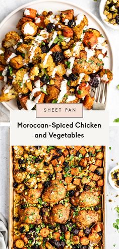 moroccan spiced chicken and vegetables on a white plate with a serving dish next to it