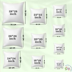 the size and measurements of pillows are shown in different sizes, including one for each pillow