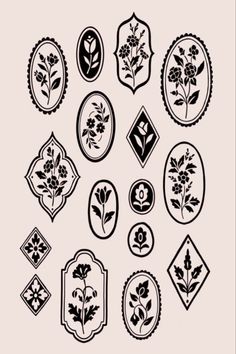 a bunch of different types of flowers in black and white on a light pink background