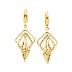 Ross-Simons - Italian 14kt Yellow Gold Interlocking-Square Drop Earrings. Inspired by on-trend geometrics, this elegantly clever pair of 14kt yellow gold drop earrings feature interlocking open squares that move freely and add verve and allure to any ensemble. Hanging length is 1 5/8". Made in Italy. Leverback, 14kt yellow gold interlocking-square drop earrings. Elegant Yellow Gold Geometric Earrings, Formal Yellow Gold Diamond-shaped Earrings, Elegant Gold Geometric Earrings, Elegant Geometric Gold Earrings, Elegant Geometric Pierced Earrings, Modern 14k Gold Diamond-cut Diamond Earrings, Modern Gold Diamond-shaped Earrings, 14k Gold Diamond-shaped Earrings, Modern 14k Gold Diamond Cut Earrings