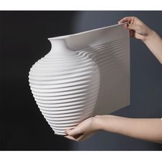 a person holding a large white vase in their hand