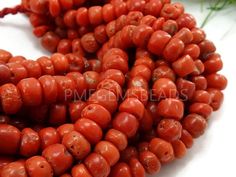 red coral beads are displayed on a white surface