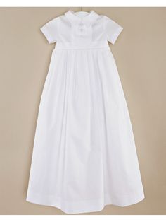 Caleb white Christening gown for baby boys from Little Things Mean a Lot. Beautiful 3 piece set includes gown, cotton slip, and bonnet. Features classic shirt collar, covered buttons down pleated shirt front, button back closure and heirloom style open back for ease of presentation. Solid Fitted Dress For First Communion, Classic Short Sleeve Dress For Baptism, Classic Fitted Dress For Baptism, Formal Fitted Baptism Dress For Spring, Fitted Gown For Baptism In Spring, Fitted Gown For Spring Baptism, Classic Cotton Dresses With Buttons, Classic Cotton Dress With Buttons, Fitted White Cotton Baptism Dress