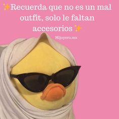 a stuffed animal wearing sunglasses and a scarf with a quote on the side that reads, regceda que no es un mal outfit, solo le falan acces