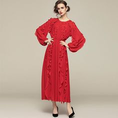 Chiffon Ruffled Long Sleeve Midi Dress | Vivian Seven Formal Gowns With Sleeves, 파티 드레스, Dresses Chiffon, Ruffle Long Sleeve, Maxi Dress Formal, Chiffon Long Sleeve, Chiffon Ruffle, Gowns With Sleeves, Red Midi Dress