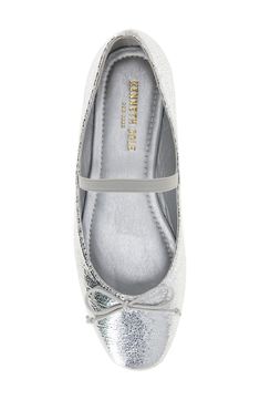 A dainty bow highlights the blunted toe of this ballet flat furnished with a cushioned footbed and elastic strap for a stay-put fit. Cushioned footbed Leather or textile upper/synthetic lining/rubber sole Imported Party Ballet Flats In Synthetic Material, Party Synthetic Ballet Flats, Womens Ballet Flats, Ballet Flat, Kenneth Cole, Christmas Ideas, Ballet Flats, Metallic Silver, Rubber Sole